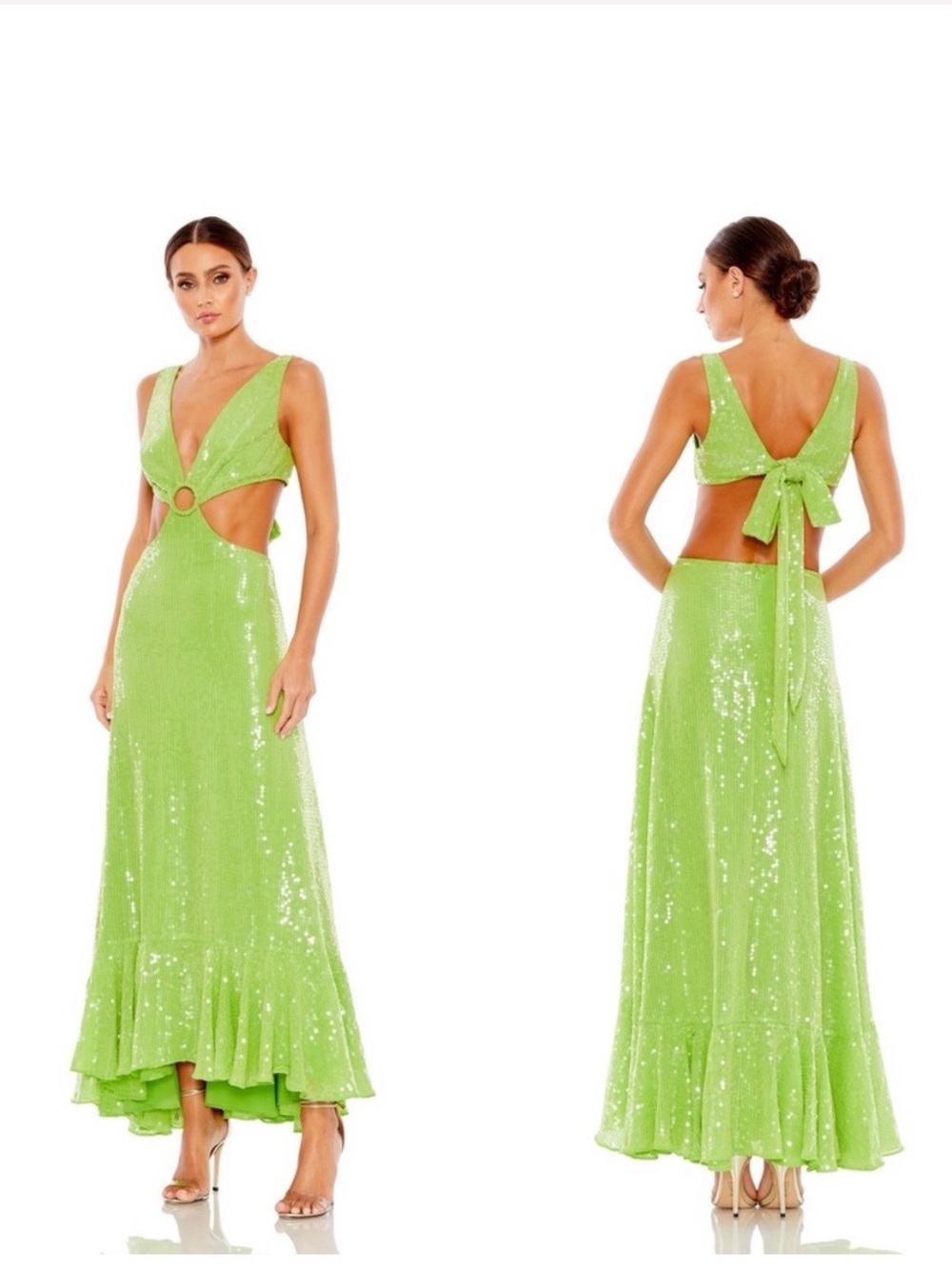 Mac Duggal Lime Green Sequin V-Neck Flared Maxi Dress
